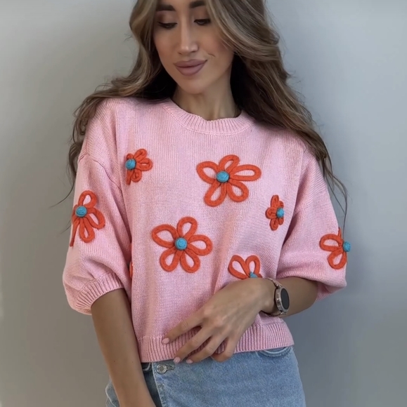Zara Sweaters Zara New Floral Embroidery Sweater Pink Puff Sleeves